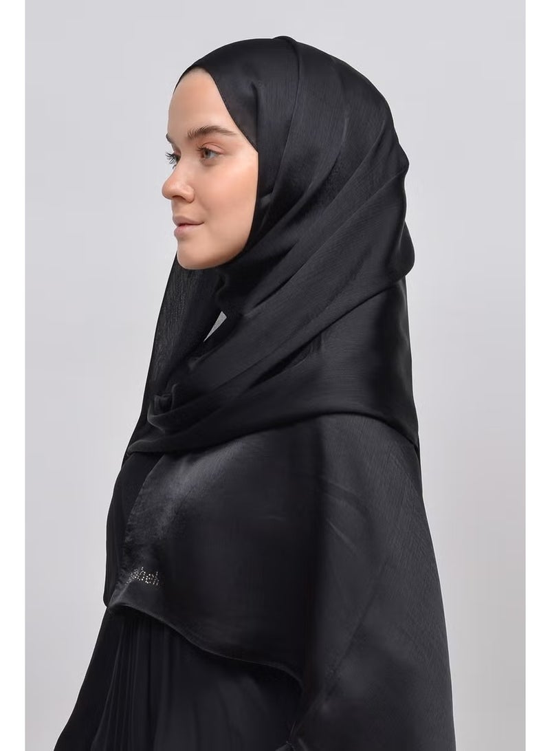 Altobeh Janjan Shiny Satin Textured Hijab Evening Dress Chiffon Shawl-Black - Image 3